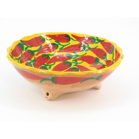 Hand Painted Pottery Bowl Plate Set Red Chili Peppers - Picture 2 of 6